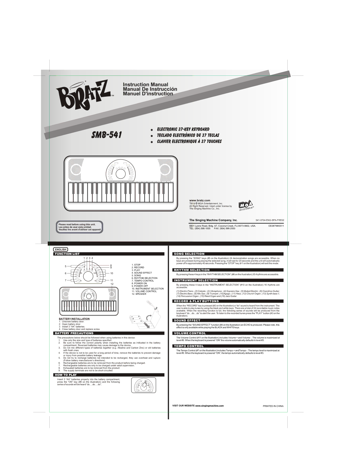 The Singing Machine SMB-541 instruction manual Function List, Battery Precautions, HOW to Play, Song Selection 