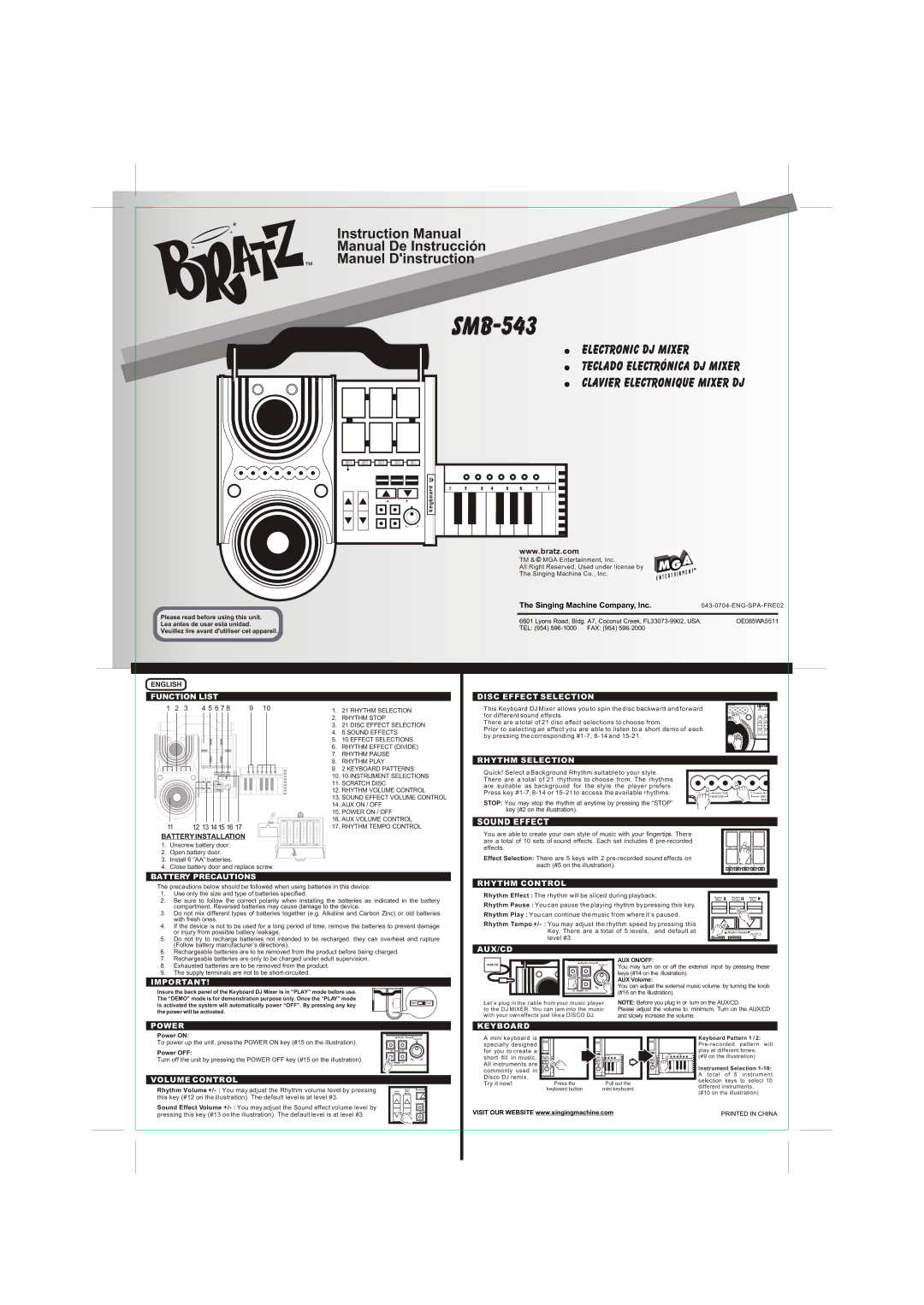 The Singing Machine SMB-543 instruction manual Function List Disc Effect Selection, Rhythm Selection, Battery Precautions 