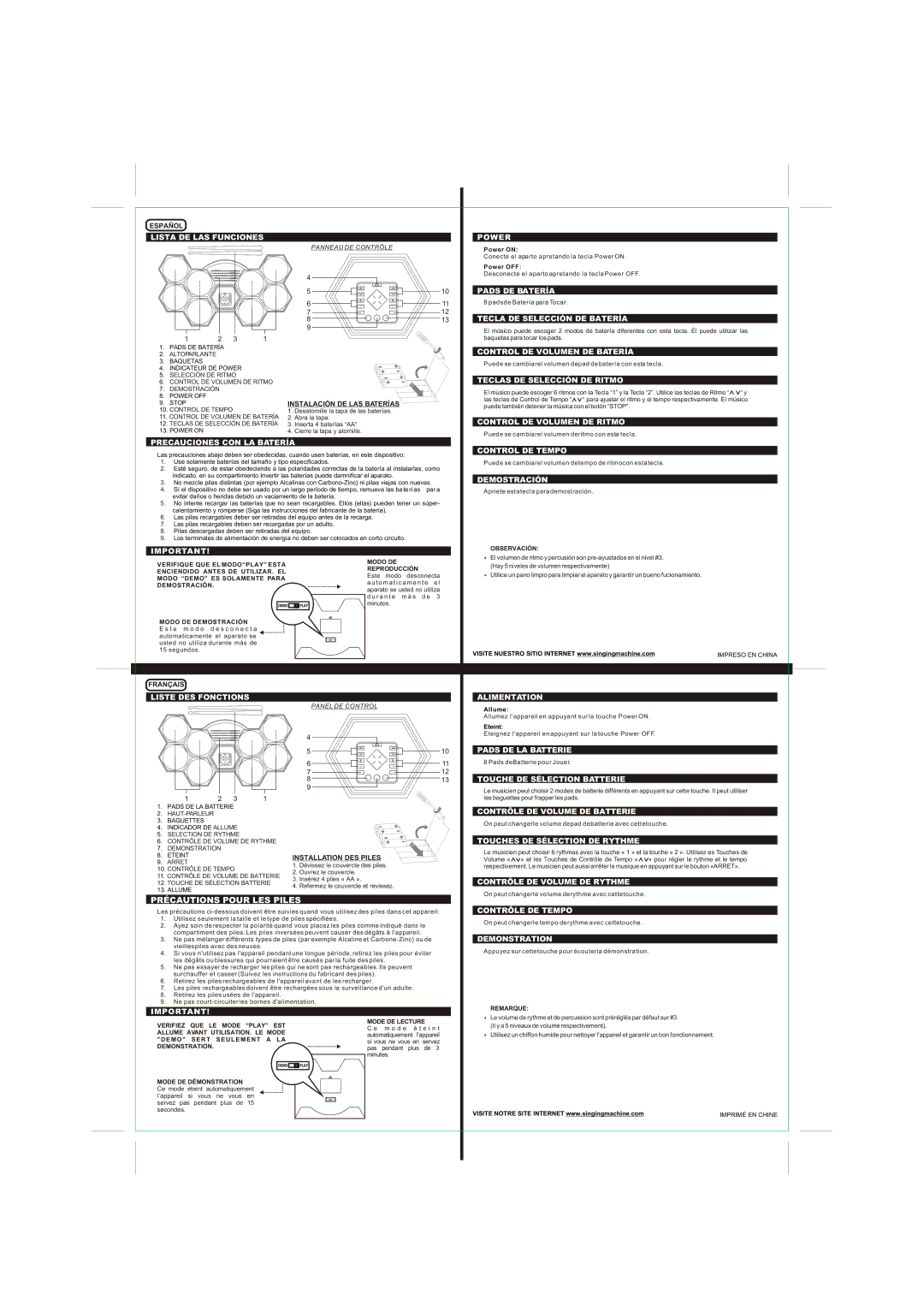 The Singing Machine SMB-546 Lista DE LAS Funciones Power, Pads DE Batería, Tecla DE Selección DE Batería, Demostración 