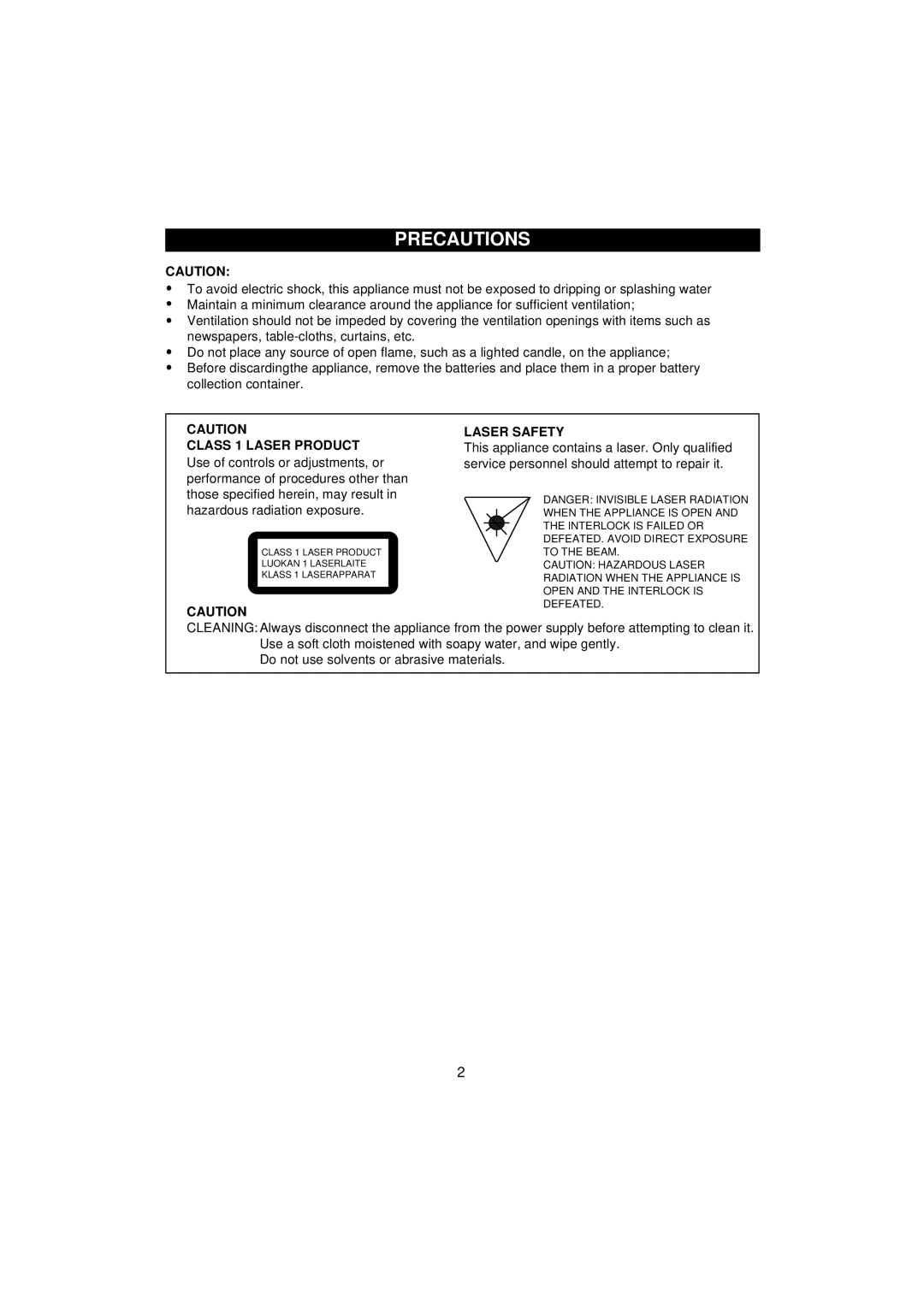 The Singing Machine SMB-623 instruction manual Precautions 