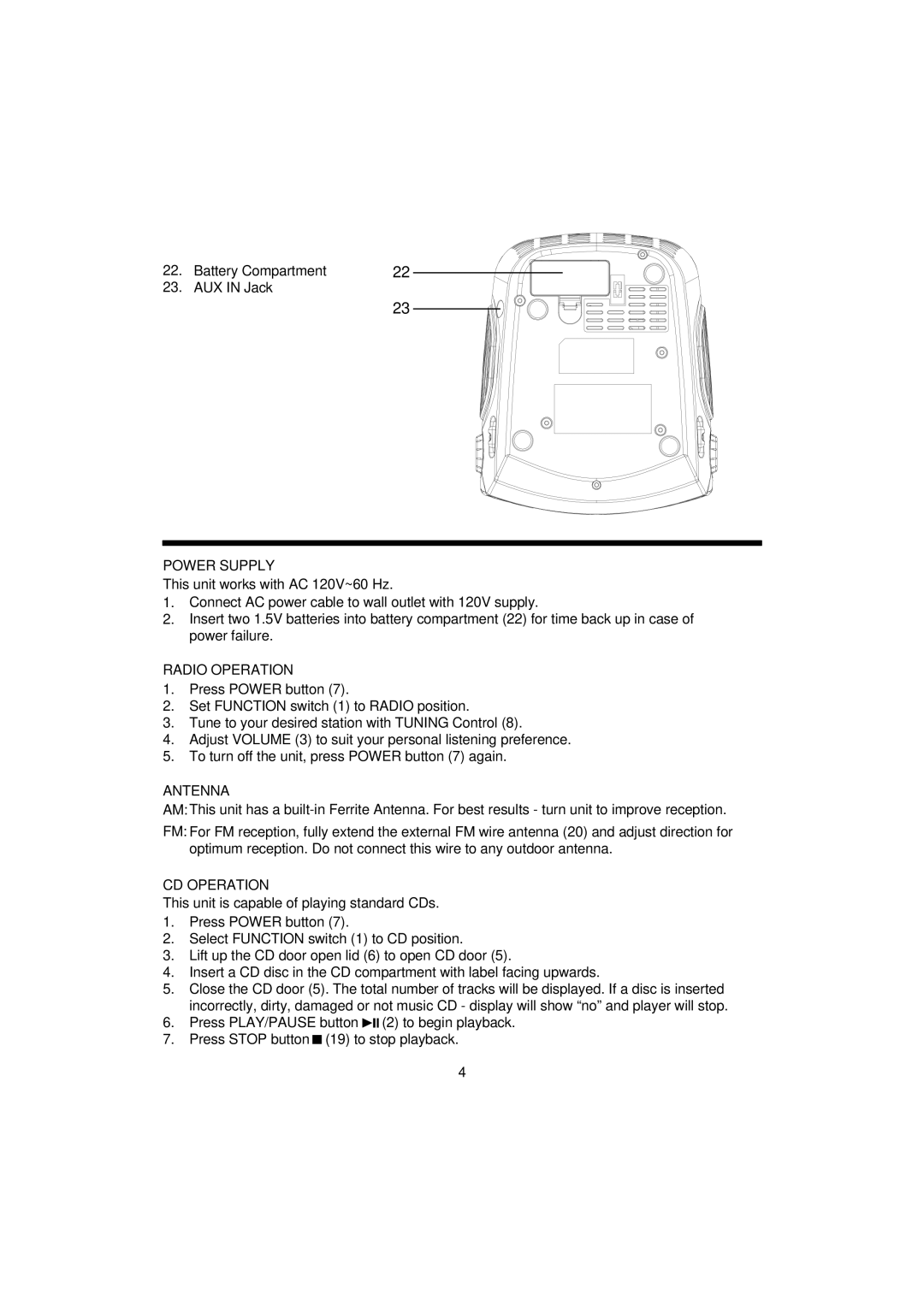 The Singing Machine SMB-623 instruction manual Power Supply, Radio Operation, Antenna, CD Operation 