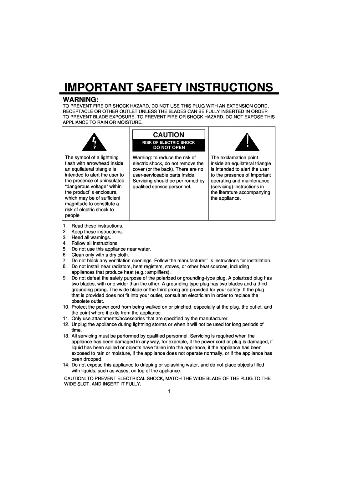 The Singing Machine SMB-623 instruction manual Important Safety Instructions, Do Not Open 