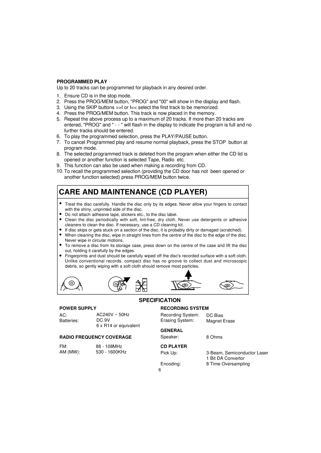 The Singing Machine SMB-635 instruction manual Specification, Programmed Play, Power Supply Recording System, CD Player 