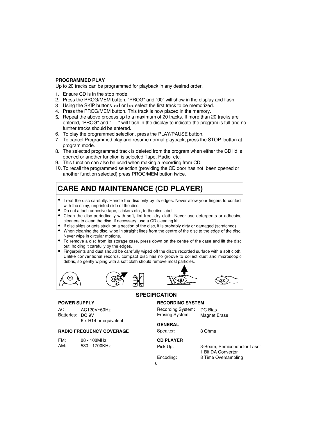 The Singing Machine SMB-637 instruction manual Specification, Programmed Play, Power Supply Recording System, CD Player 