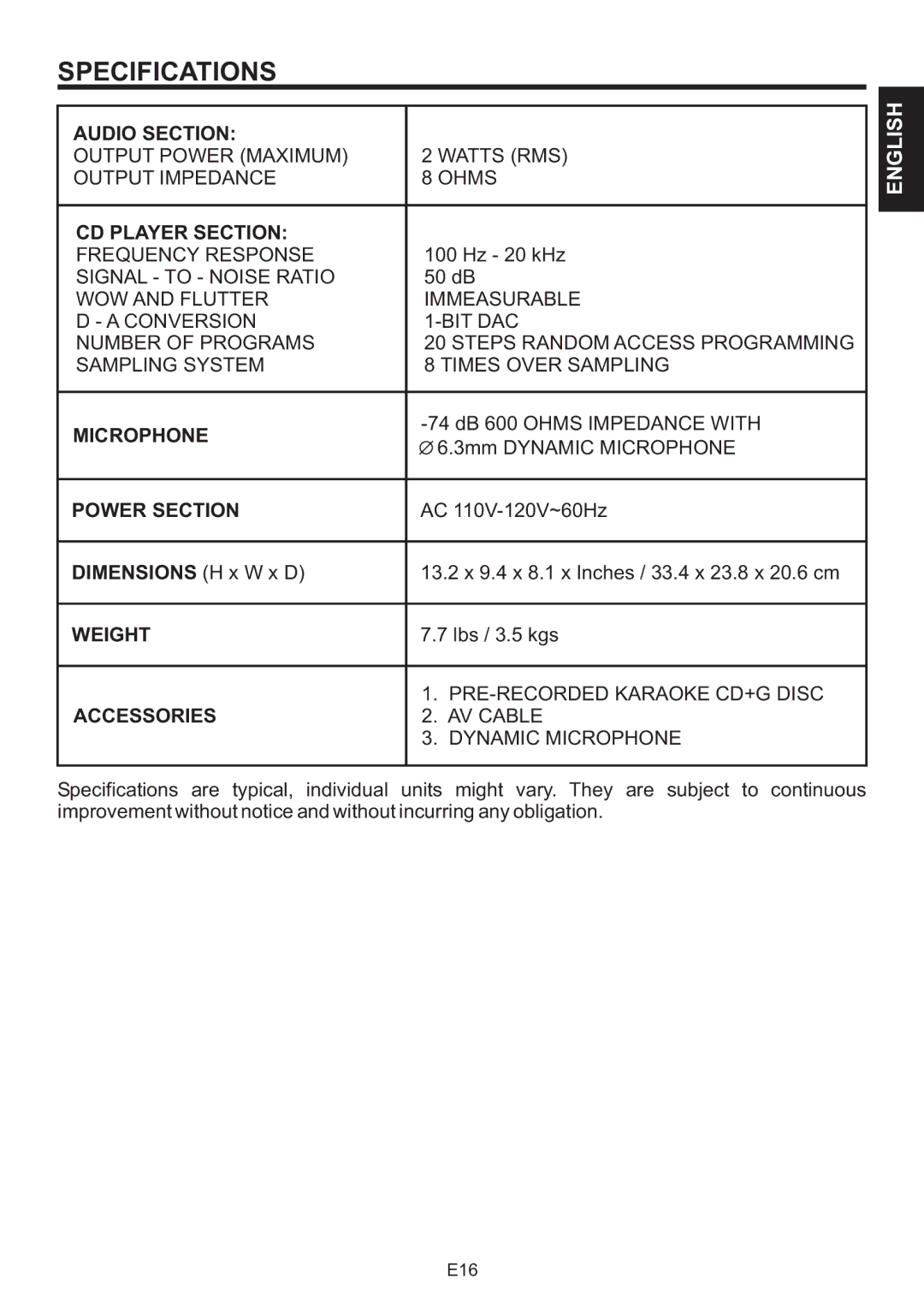 The Singing Machine SMB-664 instruction manual Specifications 