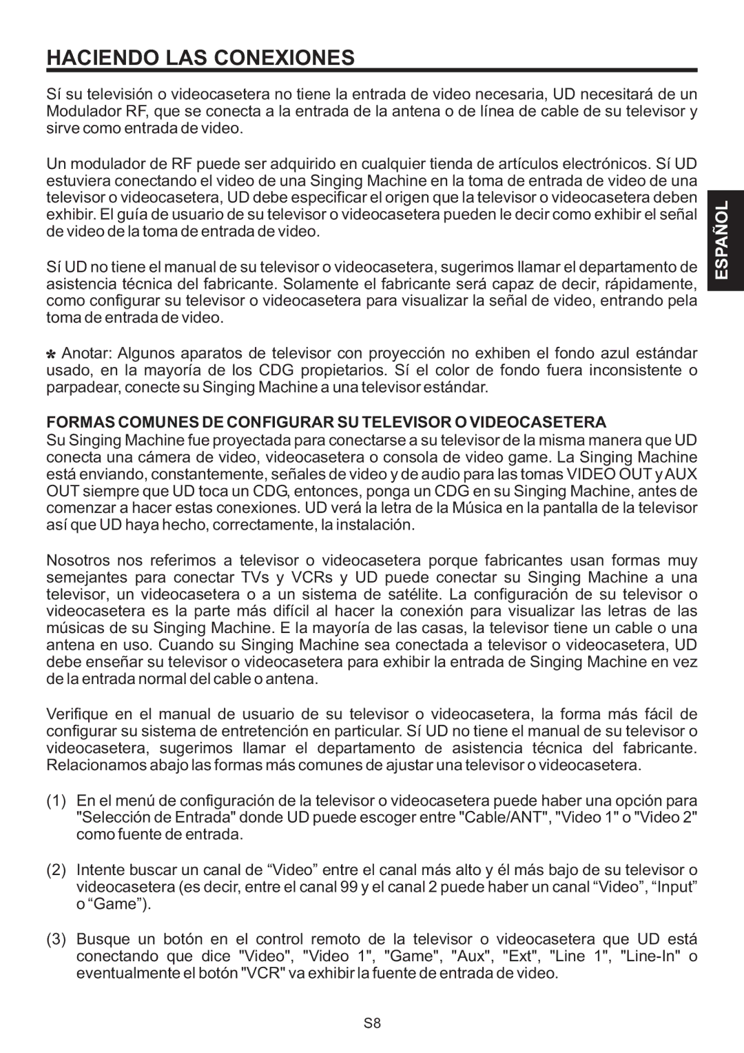 The Singing Machine SMB-664 instruction manual Formas Comunes DE Configurar SU Televisor O Videocasetera 