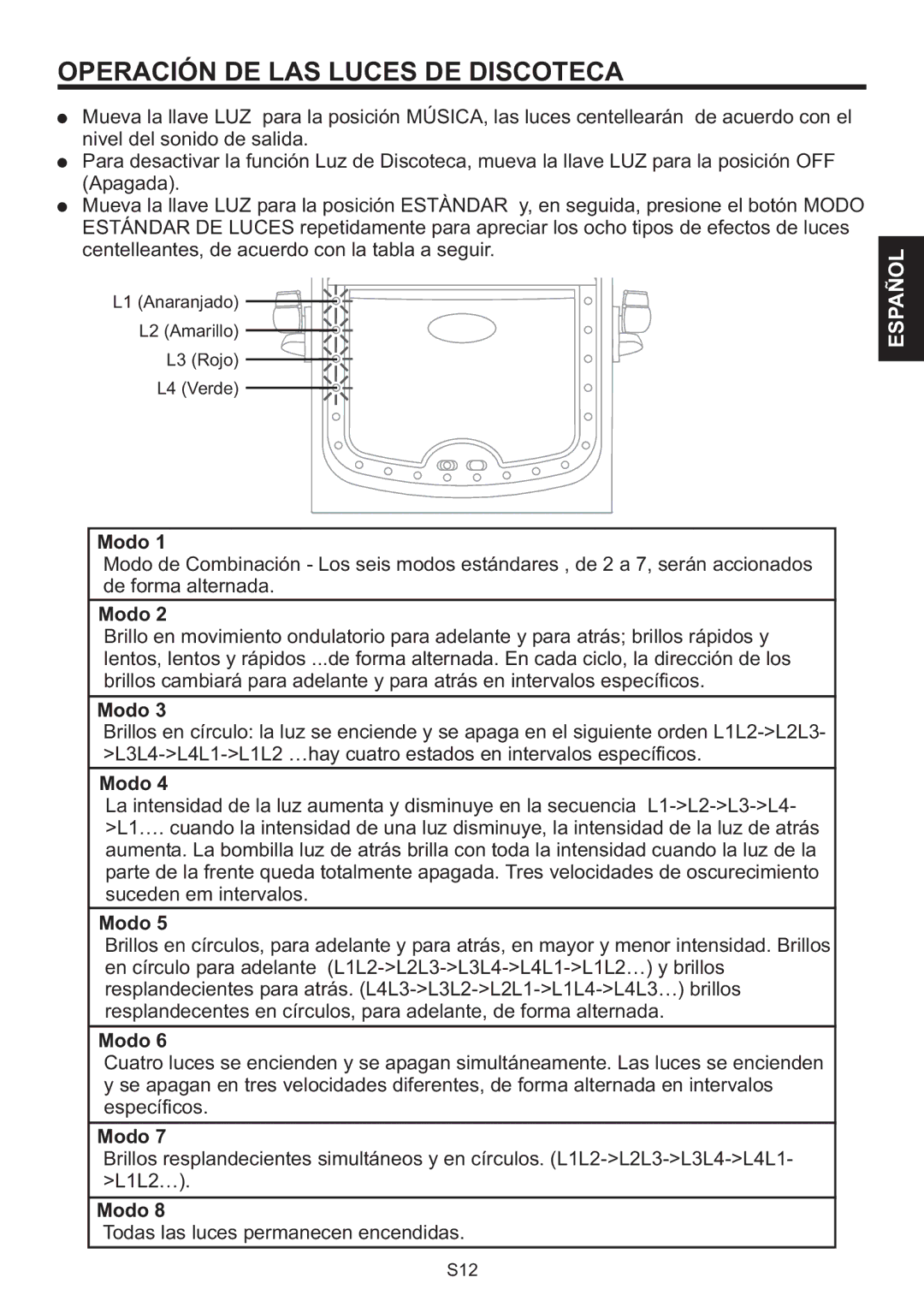 The Singing Machine SMB-664 instruction manual Operación DE LAS Luces DE Discoteca, Modo 