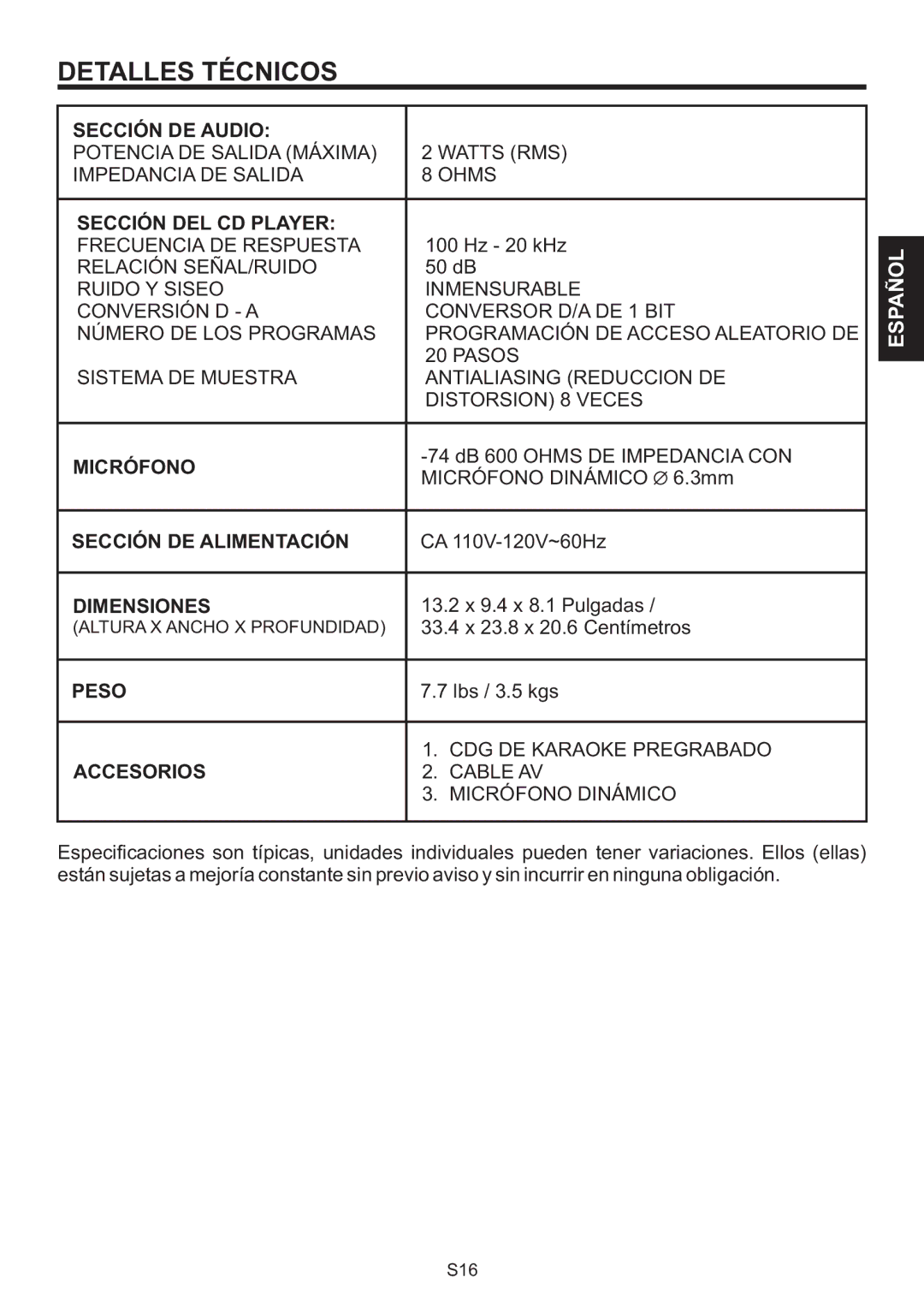 The Singing Machine SMB-664 instruction manual Detalles Técnicos 