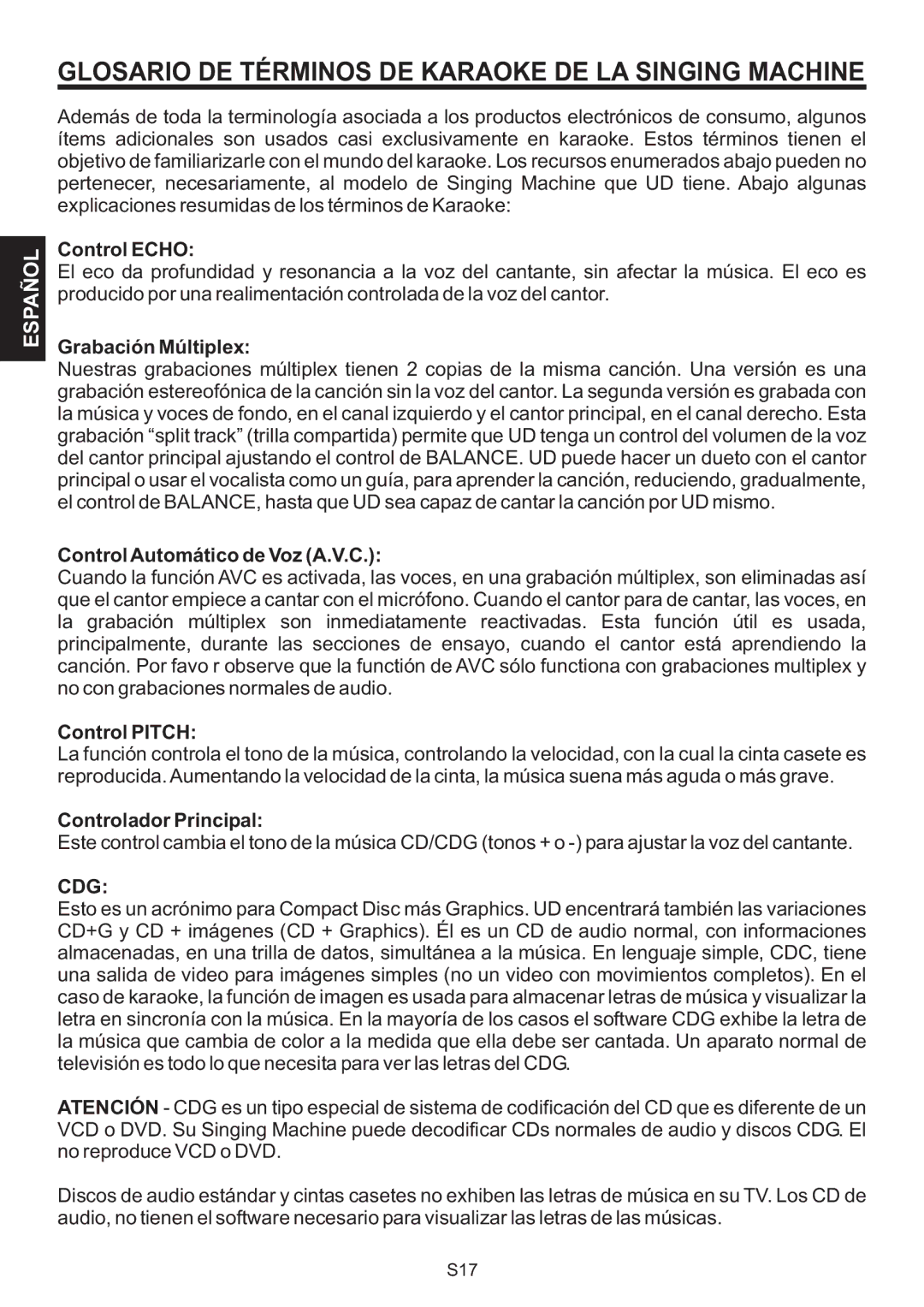 The Singing Machine SMB-664 instruction manual Glosario DE Términos DE Karaoke DE LA Singing Machine 