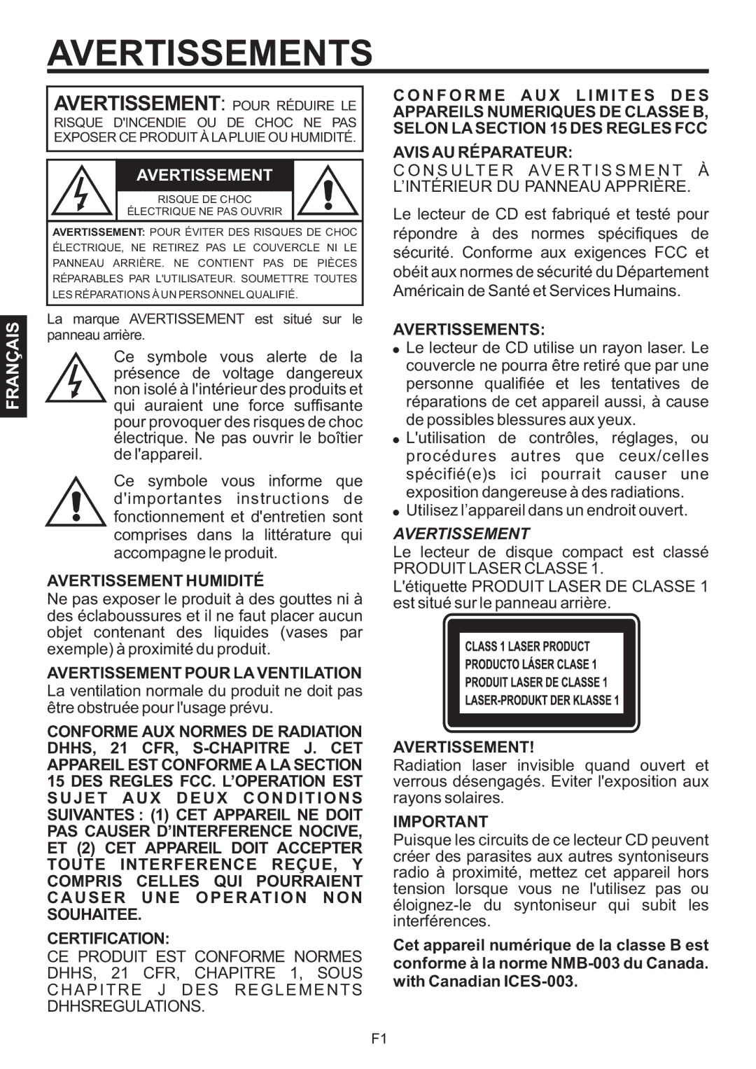 The Singing Machine SMB-664 instruction manual Avertissement Humidité, Avertissements, Produit Laser Classe 