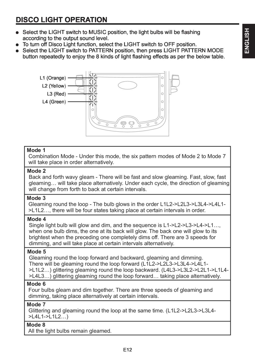 The Singing Machine SMB-664 instruction manual Disco Light Operation, Mode, English 