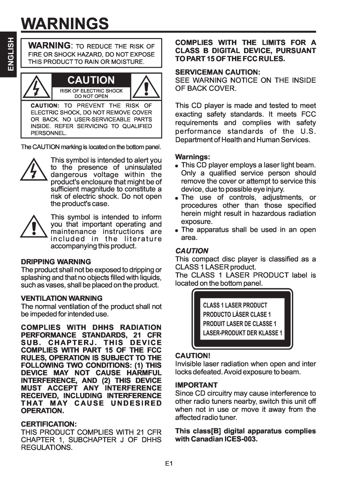 The Singing Machine SMB-664 Warnings, English, Complies With The Limits For A, Class B Digital Device, Pursuant 