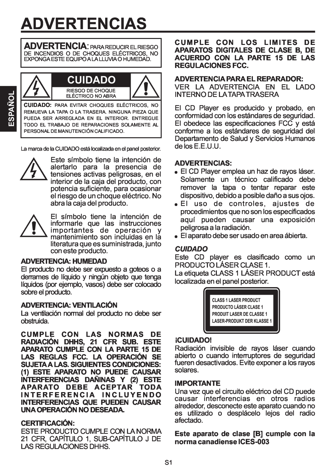 The Singing Machine SMB-664 Advertencias, Español, C U M P L E C O N L O S L I M I T E S D E, Regulaciones Fcc, Cuidado 