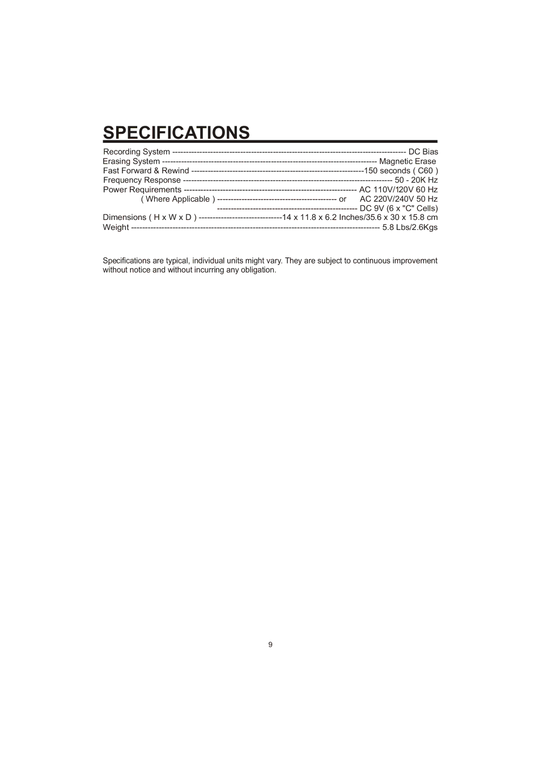 The Singing Machine SME-378 owner manual Specifications 