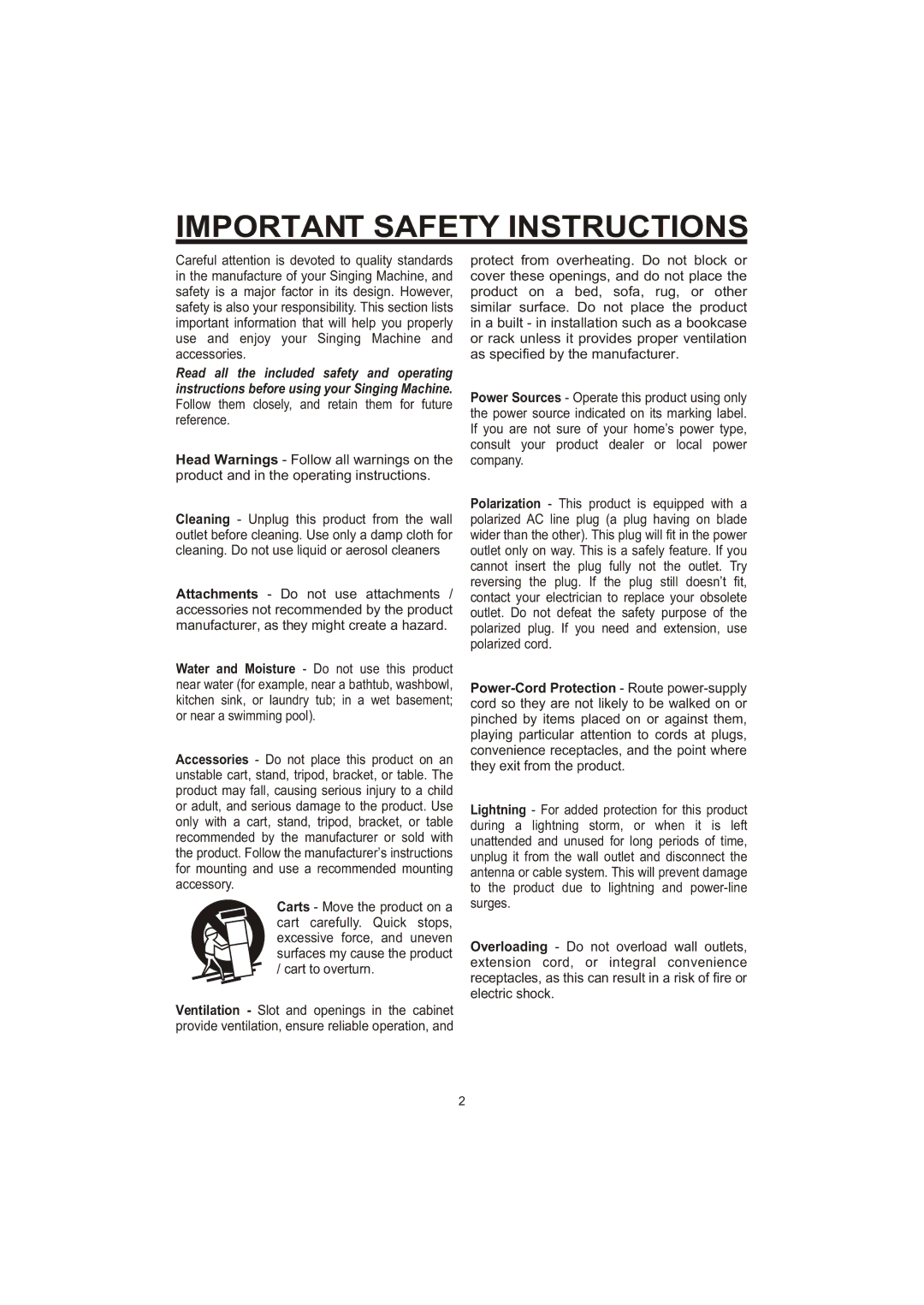 The Singing Machine SME-378 owner manual Important Safety Instructions 