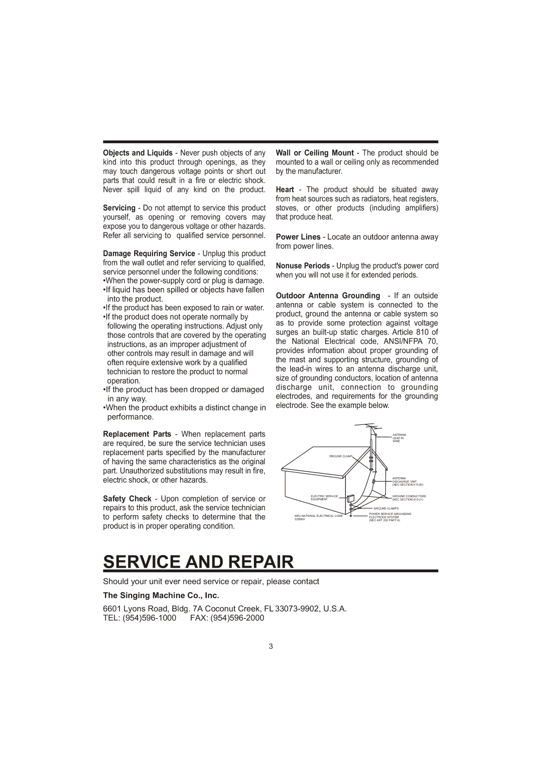 The Singing Machine SME-378 owner manual Service and Repair, Singing Machine Co., Inc 