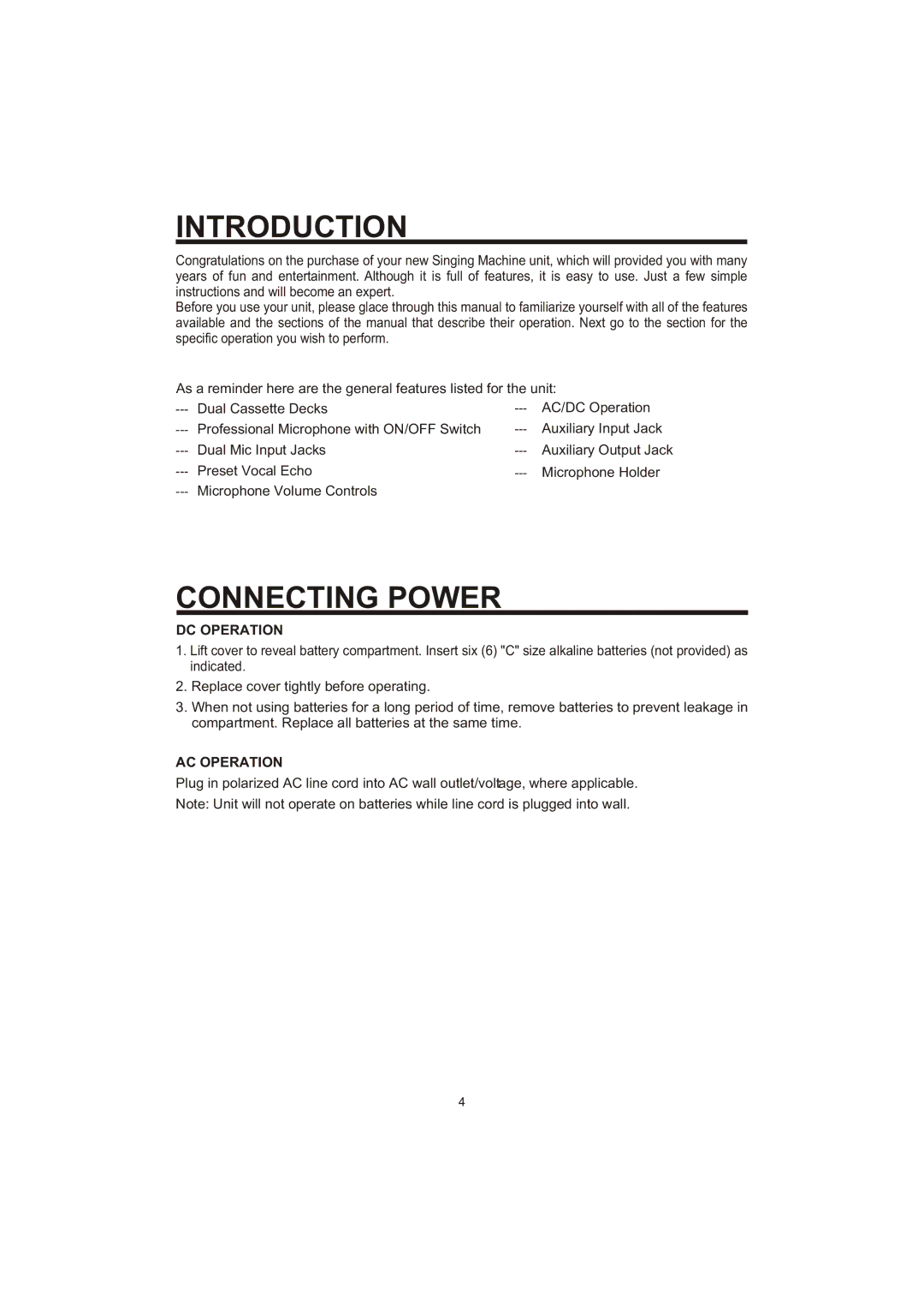 The Singing Machine SME-378 owner manual Introduction, Connecting Power, DC Operation, AC Operation 