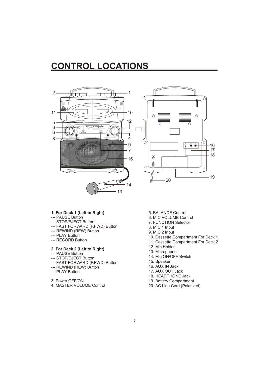 The Singing Machine SME-378 owner manual Control Locations, For Deck 1 Left to Right, For Deck 2 Left to Right 