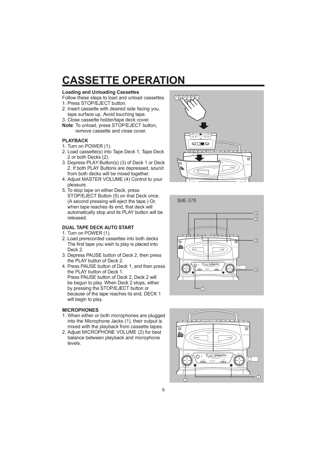 The Singing Machine SME-378 Cassette Operation, Loading and Unloading Cassettes, Playback, Dual Tape Deck Auto Start 