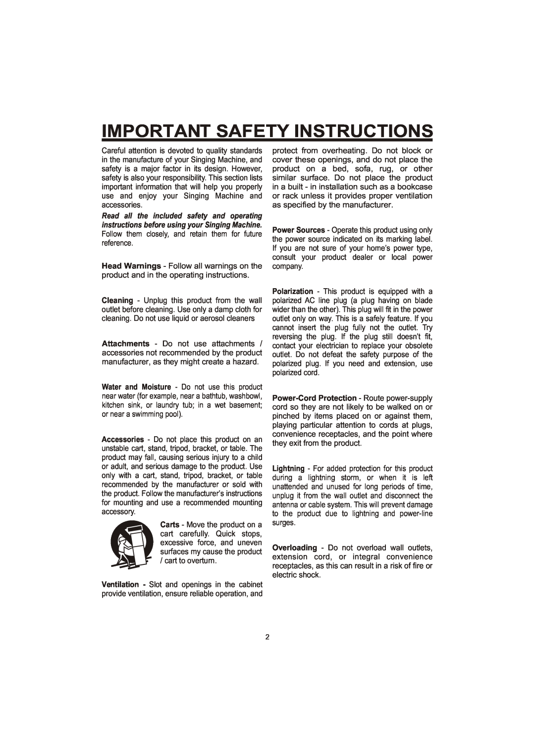 The Singing Machine SME-378 owner manual Important Safety Instructions 