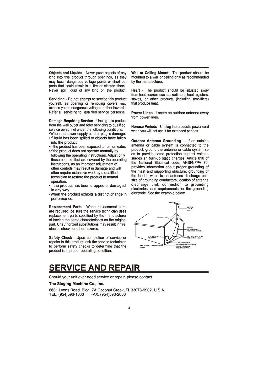 The Singing Machine SME-378 owner manual Service And Repair, The Singing Machine Co., Inc 