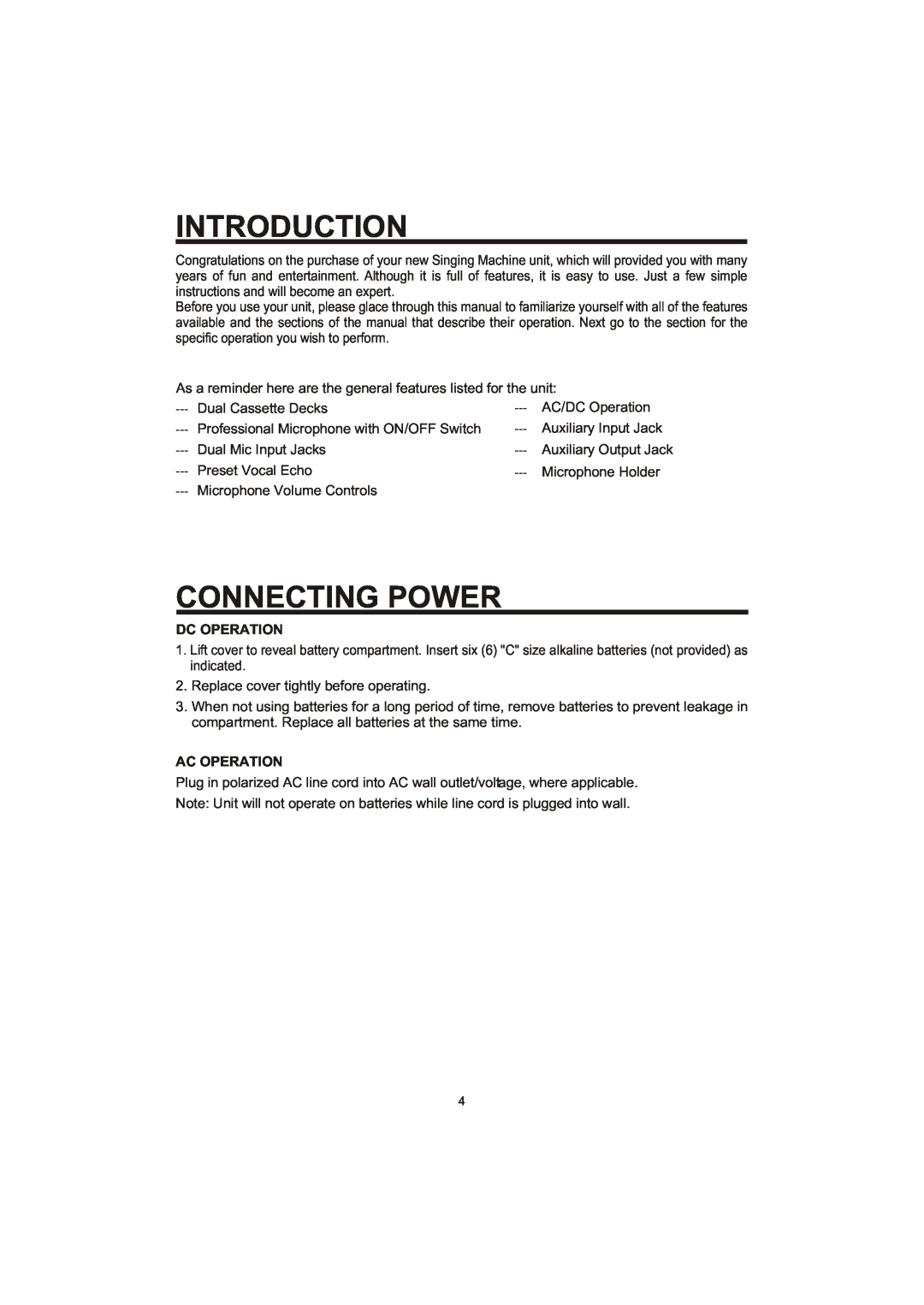 The Singing Machine SME-378 owner manual Introduction, Connecting Power, Dc Operation, Ac Operation 