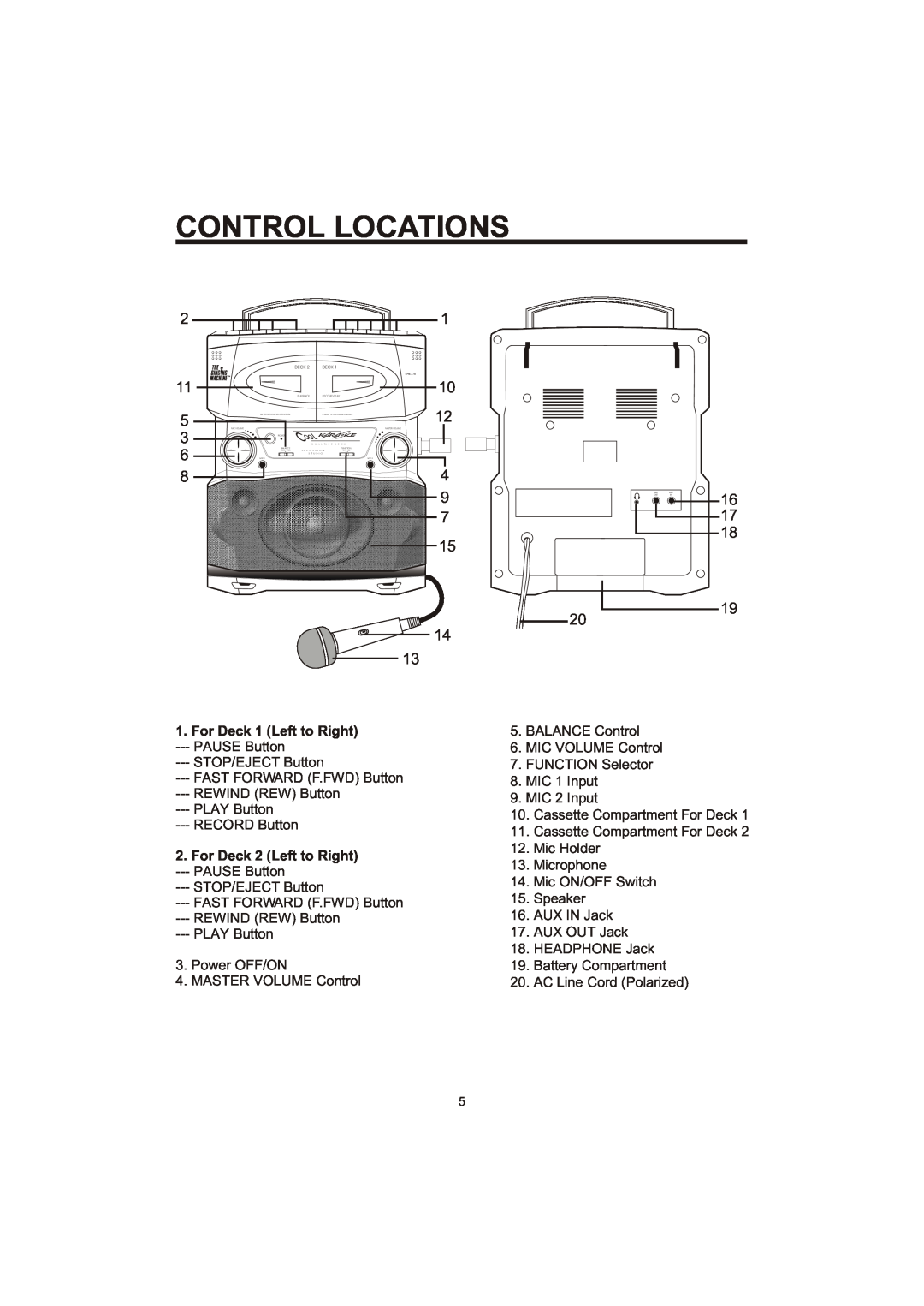 The Singing Machine SME-378 owner manual Control Locations, For Deck 1 Left to Right, For Deck 2 Left to Right 