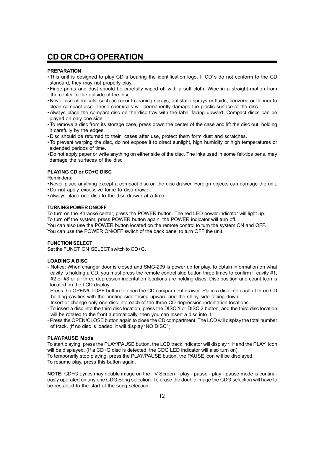 The Singing Machine SMG - 299 owner manual CD or CD+G Operation, Preparation, Turning Power ON/OFF, Loading a Disc 