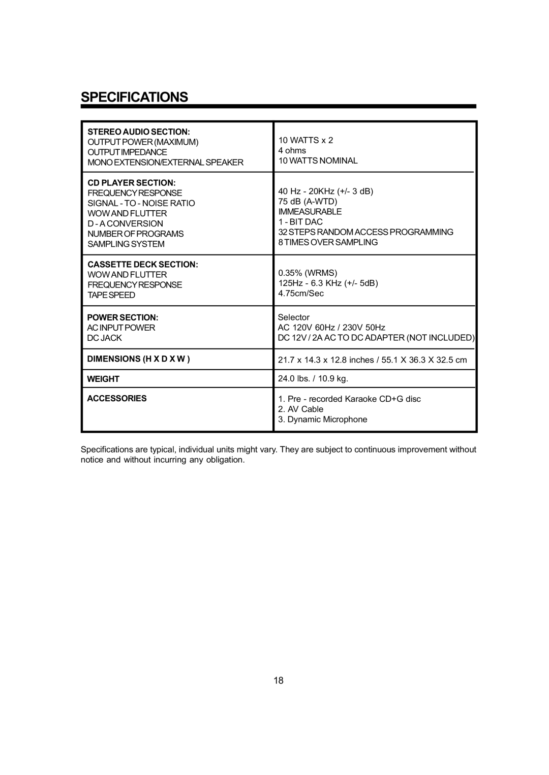 The Singing Machine SMG - 299 owner manual Specifications 