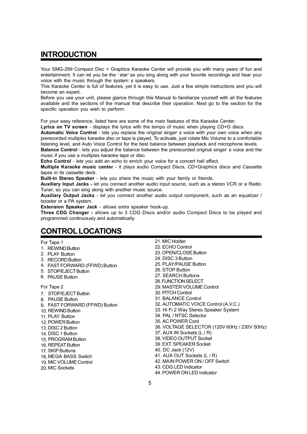 The Singing Machine SMG - 299 owner manual Introduction, Control Locations, Function Select 