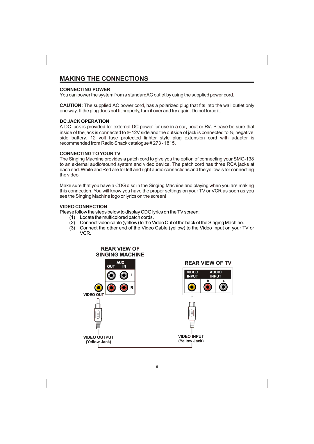 The Singing Machine SMG-138 owner manual Making the Connections, Connecting Power, Connecting to Your TV, Video Connection 