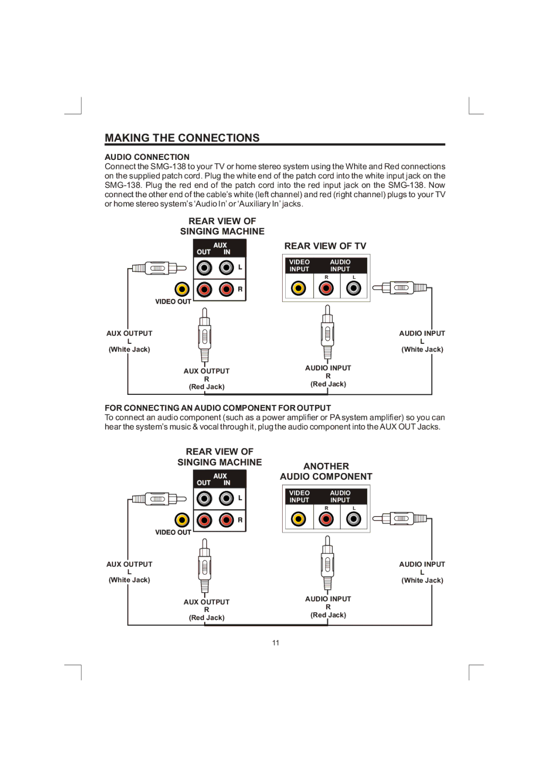 The Singing Machine SMG-138 owner manual Audio Connection, For Connecting AN Audio Component for Output 