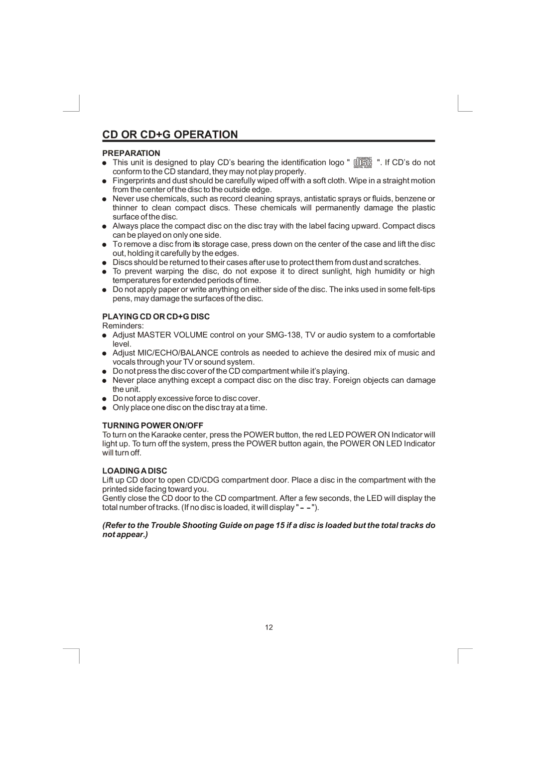 The Singing Machine SMG-138 owner manual CD or CD+G Operation, Preparation, Playing CD or CD+G Disc, Turning Power ON/OFF 