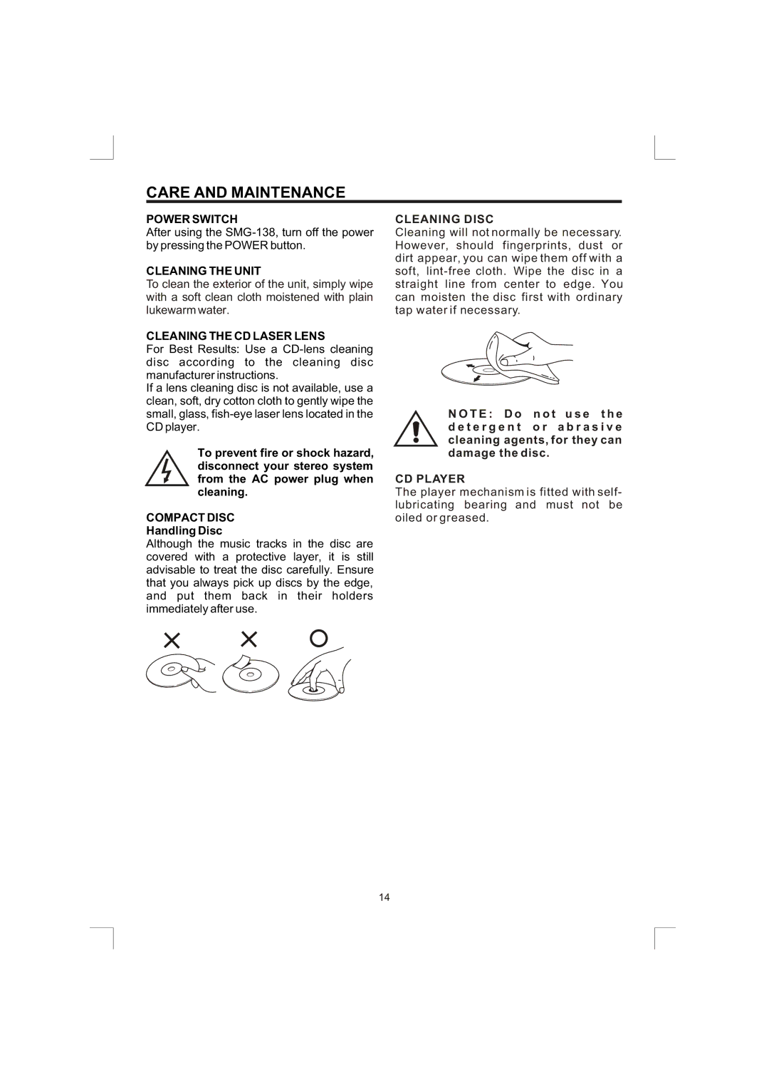 The Singing Machine SMG-138 owner manual Care and Maintenance, Cleaning Disc, CD Player 