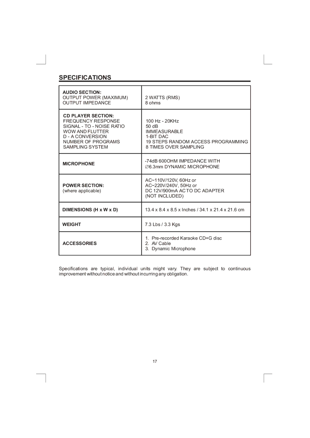 The Singing Machine SMG-138 owner manual Specifications 