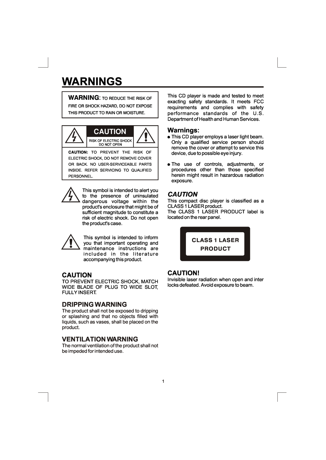 The Singing Machine SMG-138 owner manual Warnings, Dripping Warning, Ventilation Warning, CLASS 1 LASER PRODUCT 