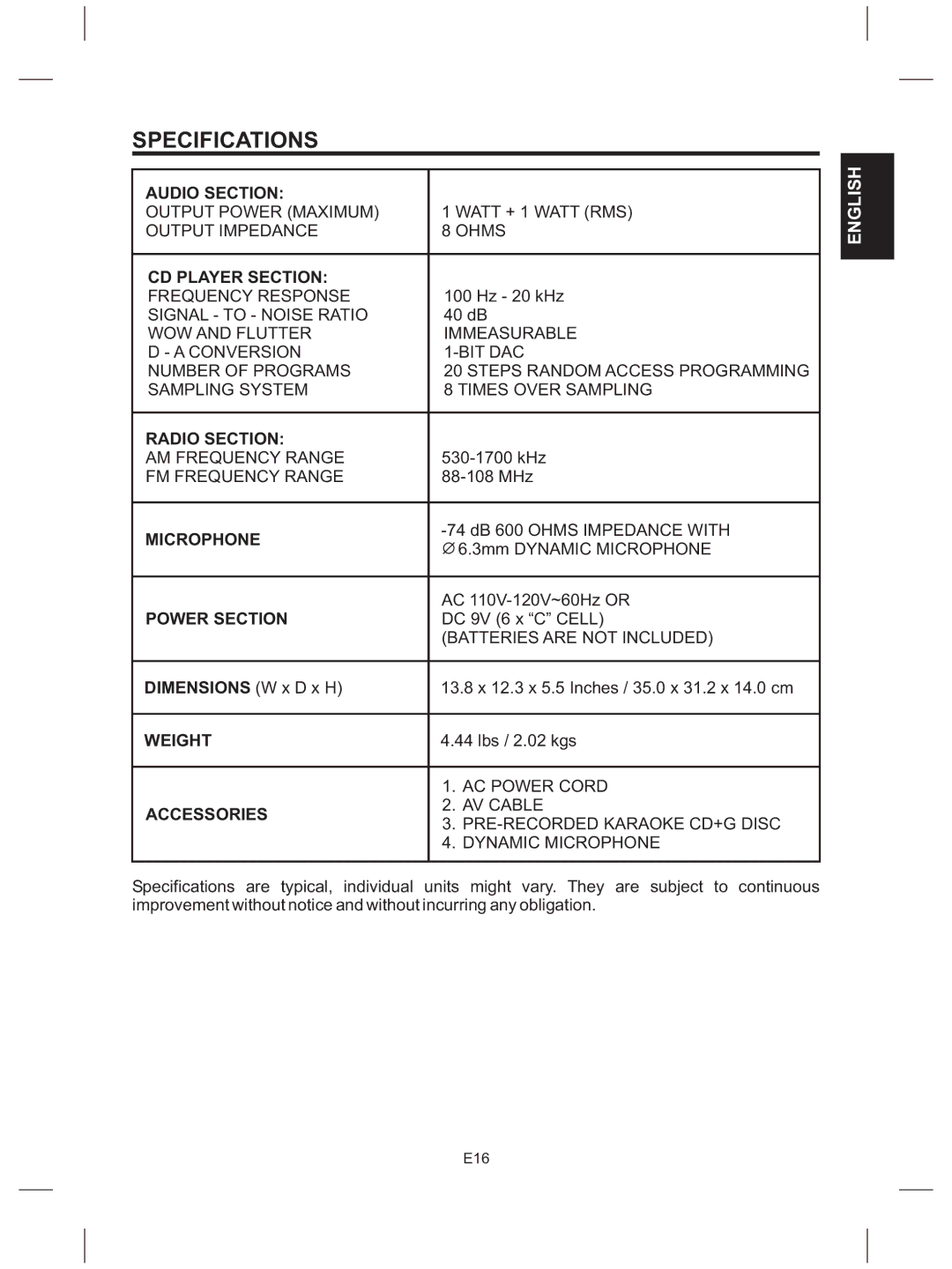 The Singing Machine SMG-151 instruction manual Specifications 