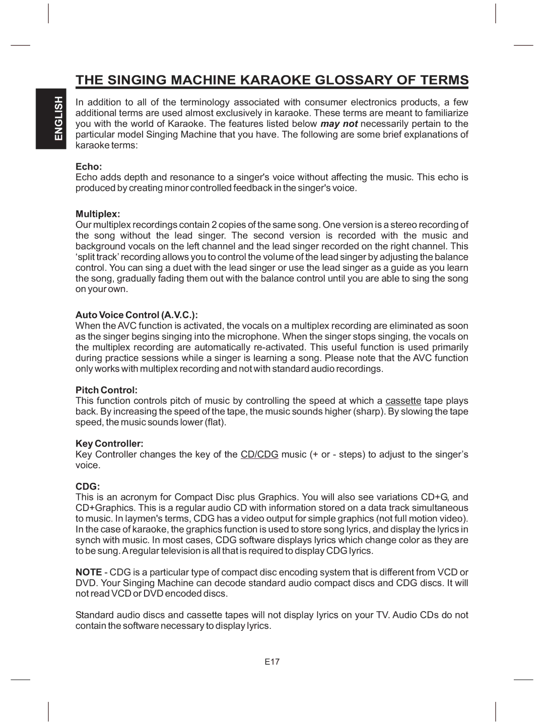 The Singing Machine SMG-151 instruction manual Singing Machine Karaoke Glossary of Terms, Cdg 