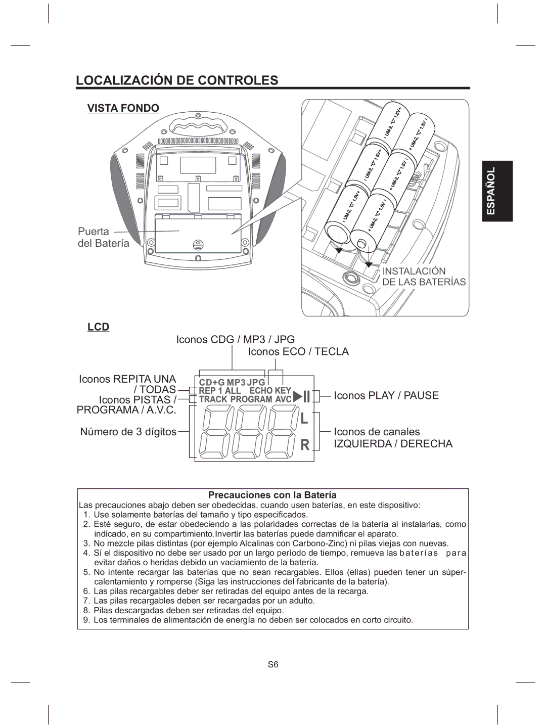 The Singing Machine SMG-151 instruction manual Vista Fondo, Lcd, Programa / A.V.C, Precauciones con la Batería 