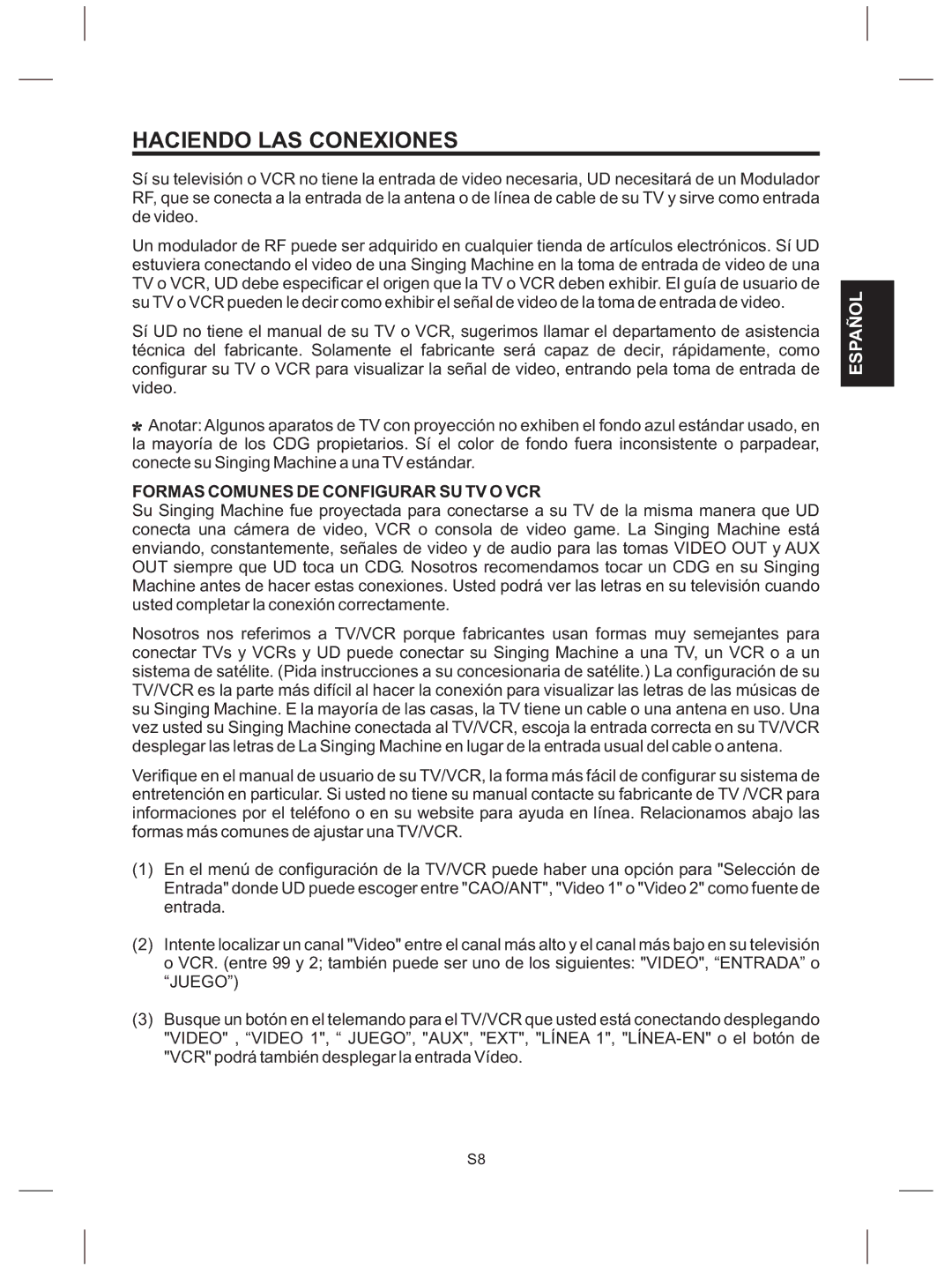 The Singing Machine SMG-151 instruction manual Formas Comunes DE Configurar SU TV O VCR 