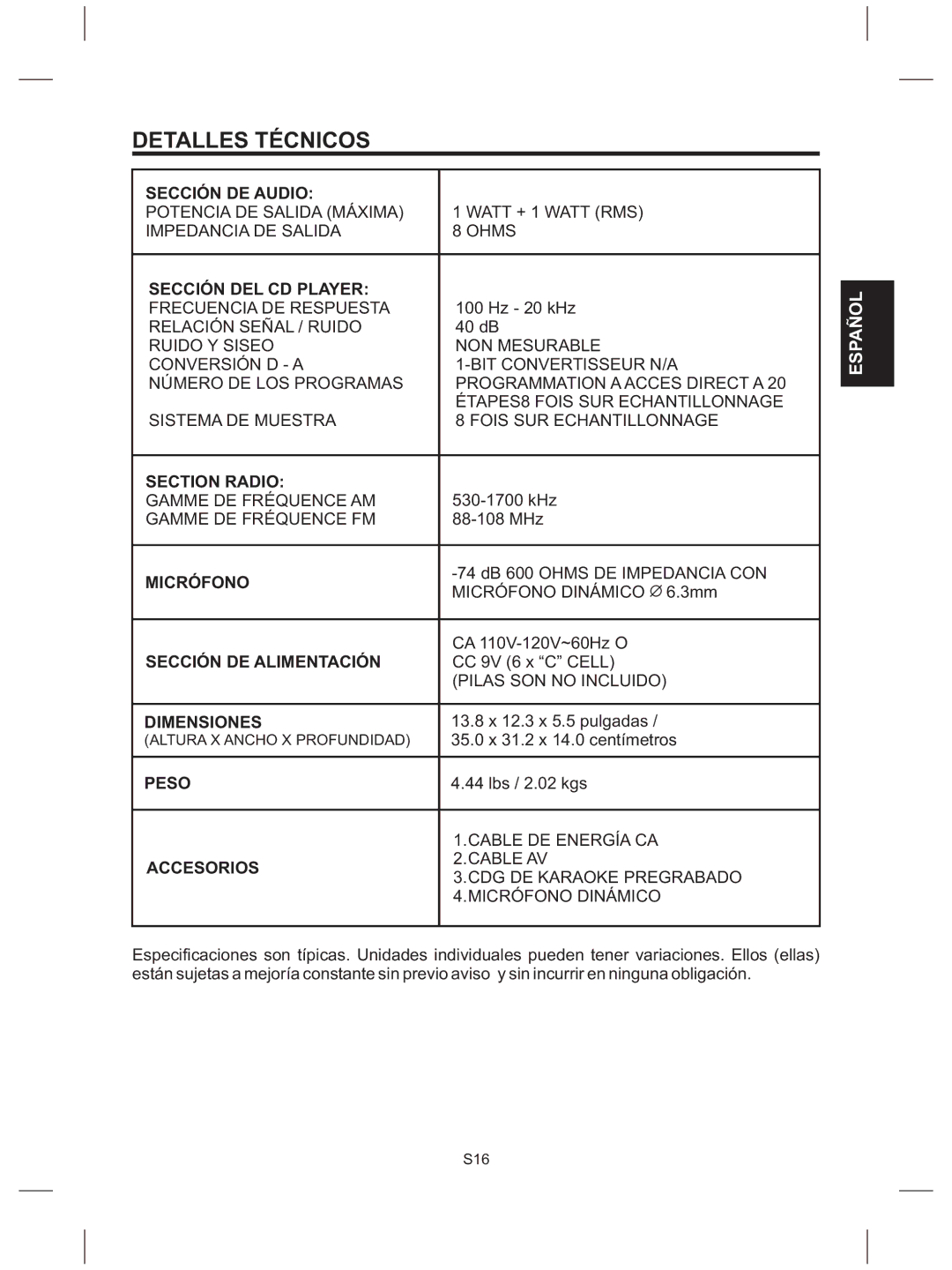 The Singing Machine SMG-151 instruction manual Detalles Técnicos 