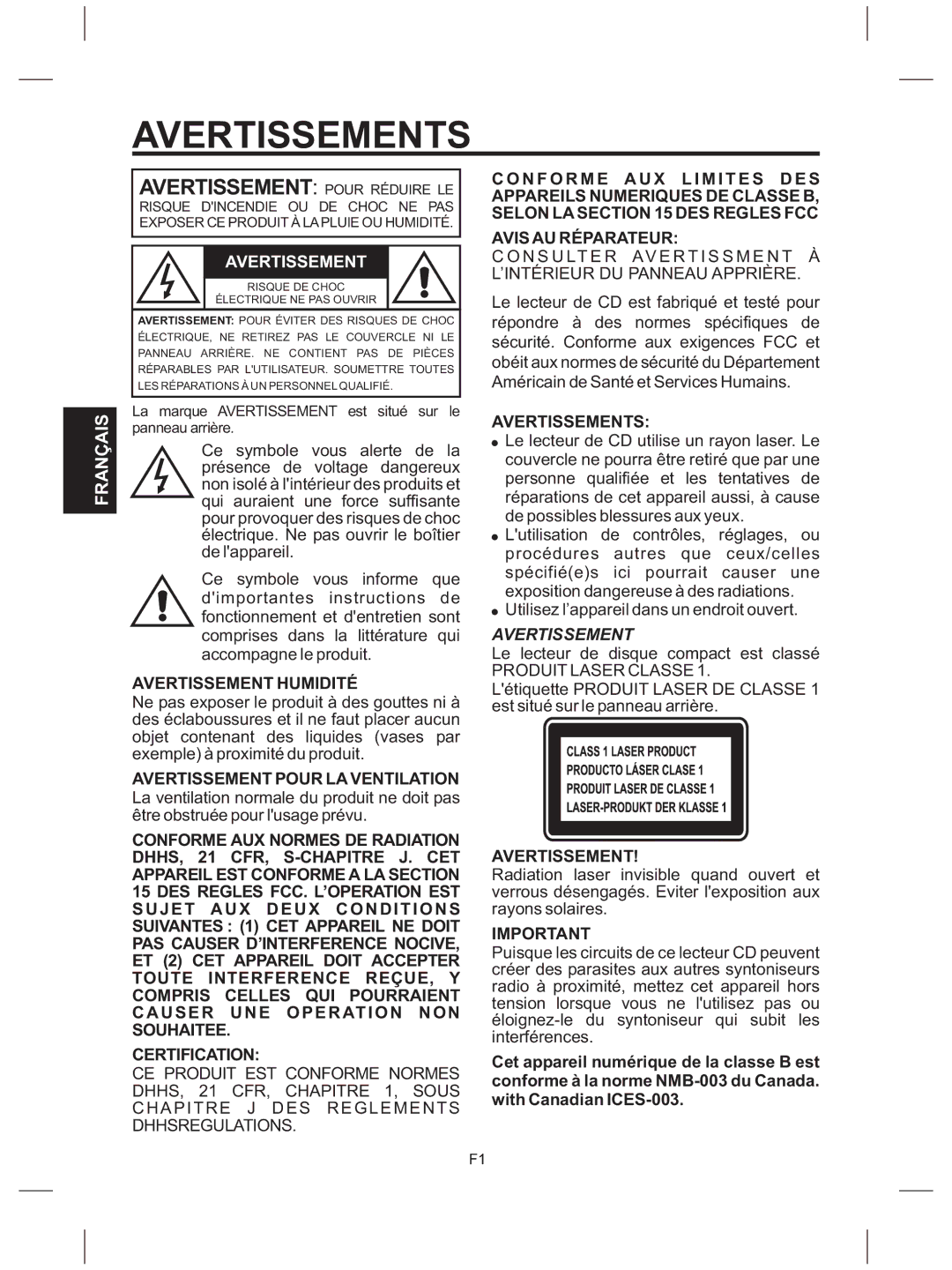 The Singing Machine SMG-151 instruction manual Avertissement Humidité, Avertissements, Produit Laser Classe 