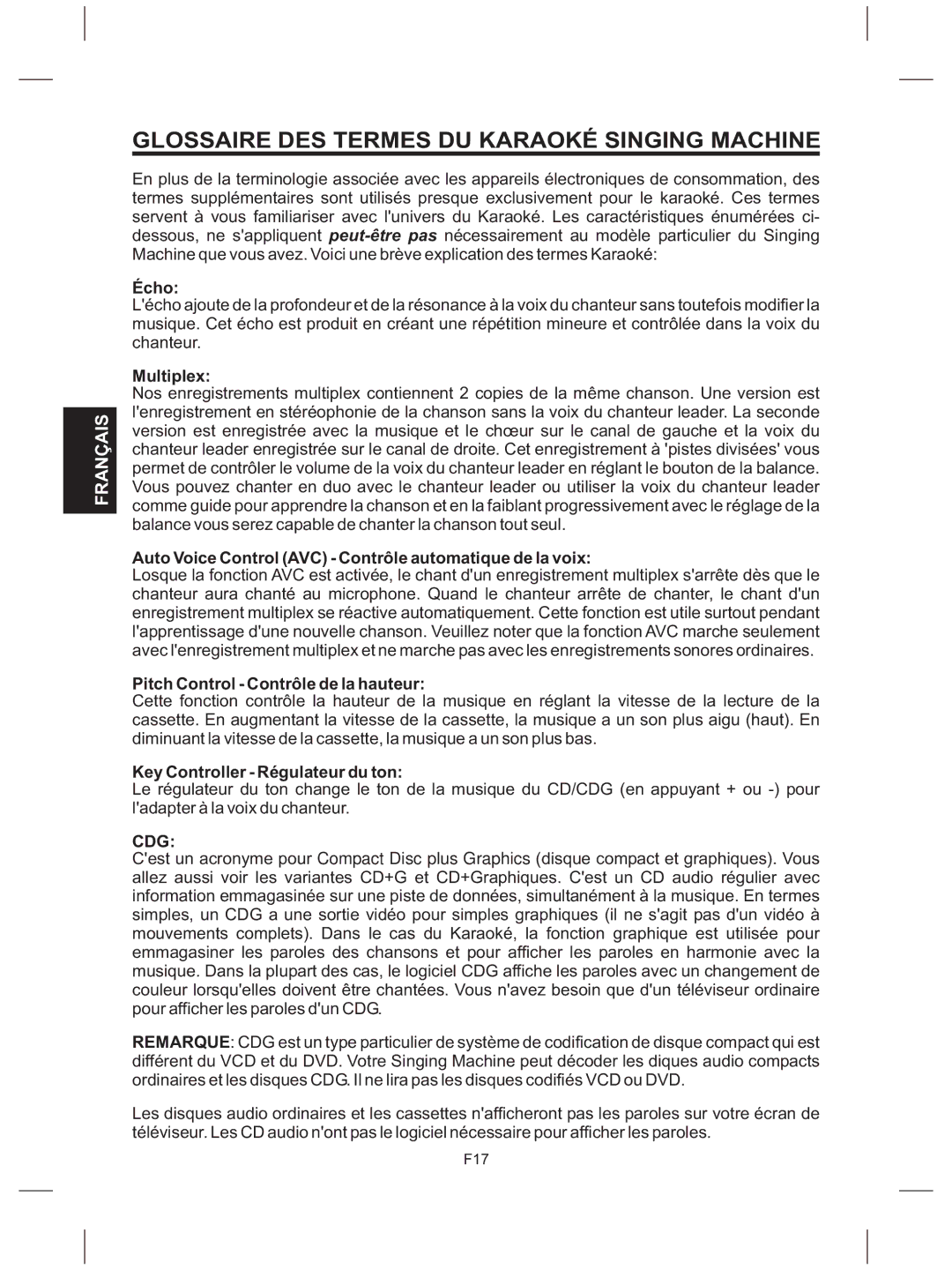 The Singing Machine SMG-151 Glossaire DES Termes DU Karaoké Singing Machine, Écho, Pitch Control Contrôle de la hauteur 