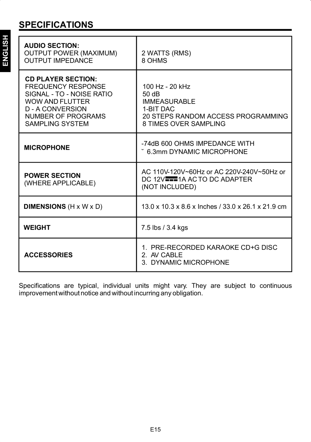 The Singing Machine SMG-158 instruction manual Specifications 