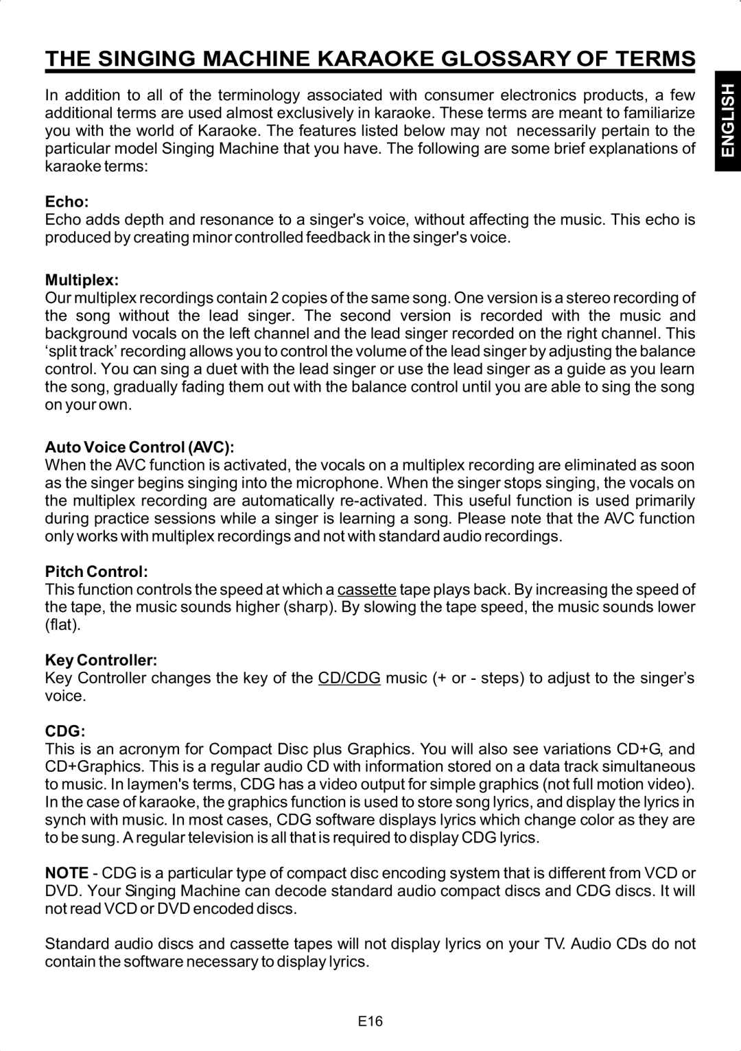 The Singing Machine SMG-158 instruction manual Singing Machine Karaoke Glossary of Terms, Cdg 