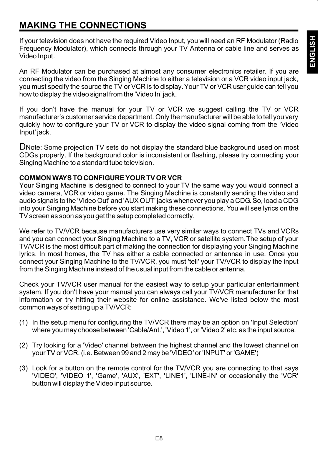 The Singing Machine SMG-158 instruction manual Common Ways to Configure Your TV or VCR 