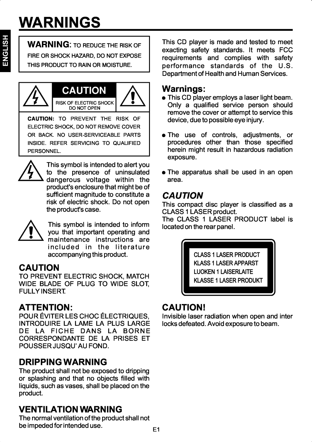 The Singing Machine SMG-158 instruction manual Warnings, Dripping Warning, Ventilation Warning, English 