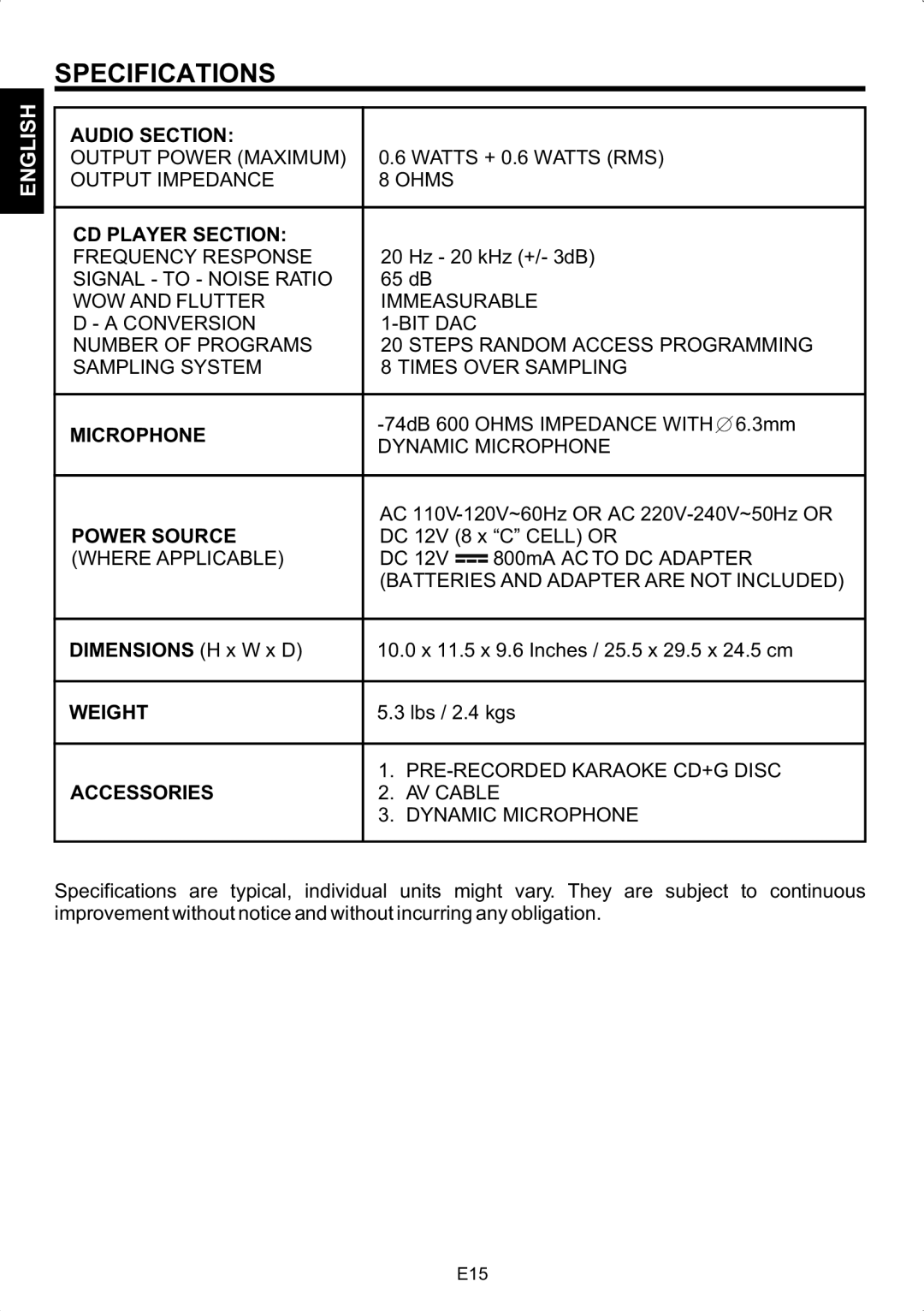 The Singing Machine SMG-180 manual Specifications 