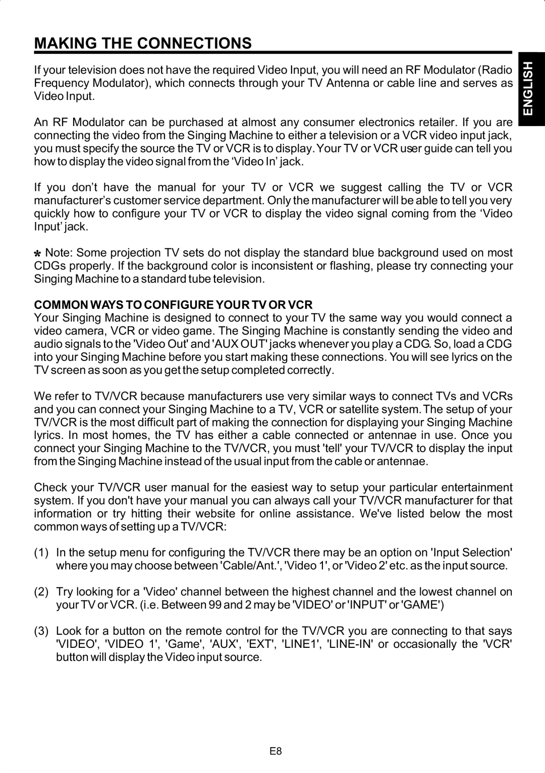 The Singing Machine SMG-180 manual Common Ways to Configure Your TV or VCR 