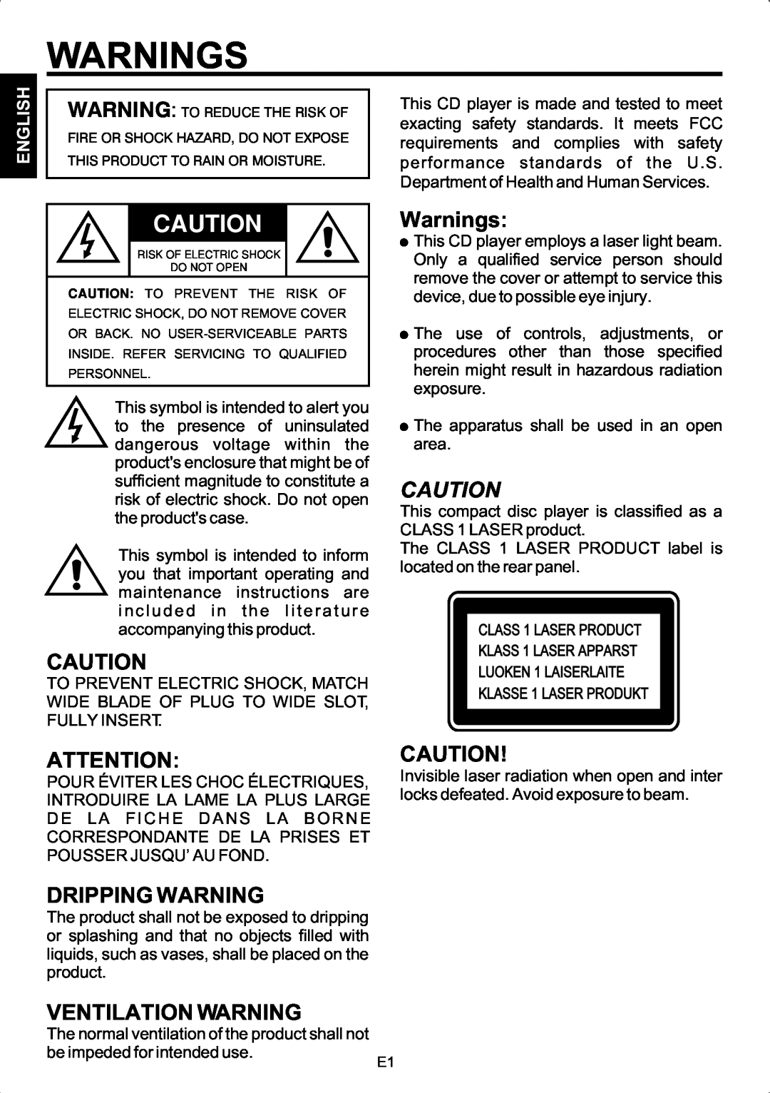 The Singing Machine SMG-180 manual Warnings, Dripping Warning, Ventilation Warning, English 